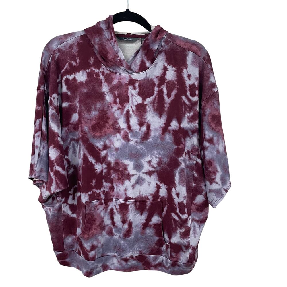 Any Body Short Sleeve Hooded Tie Dye Top Purple Burgundy Womens XS / Small
